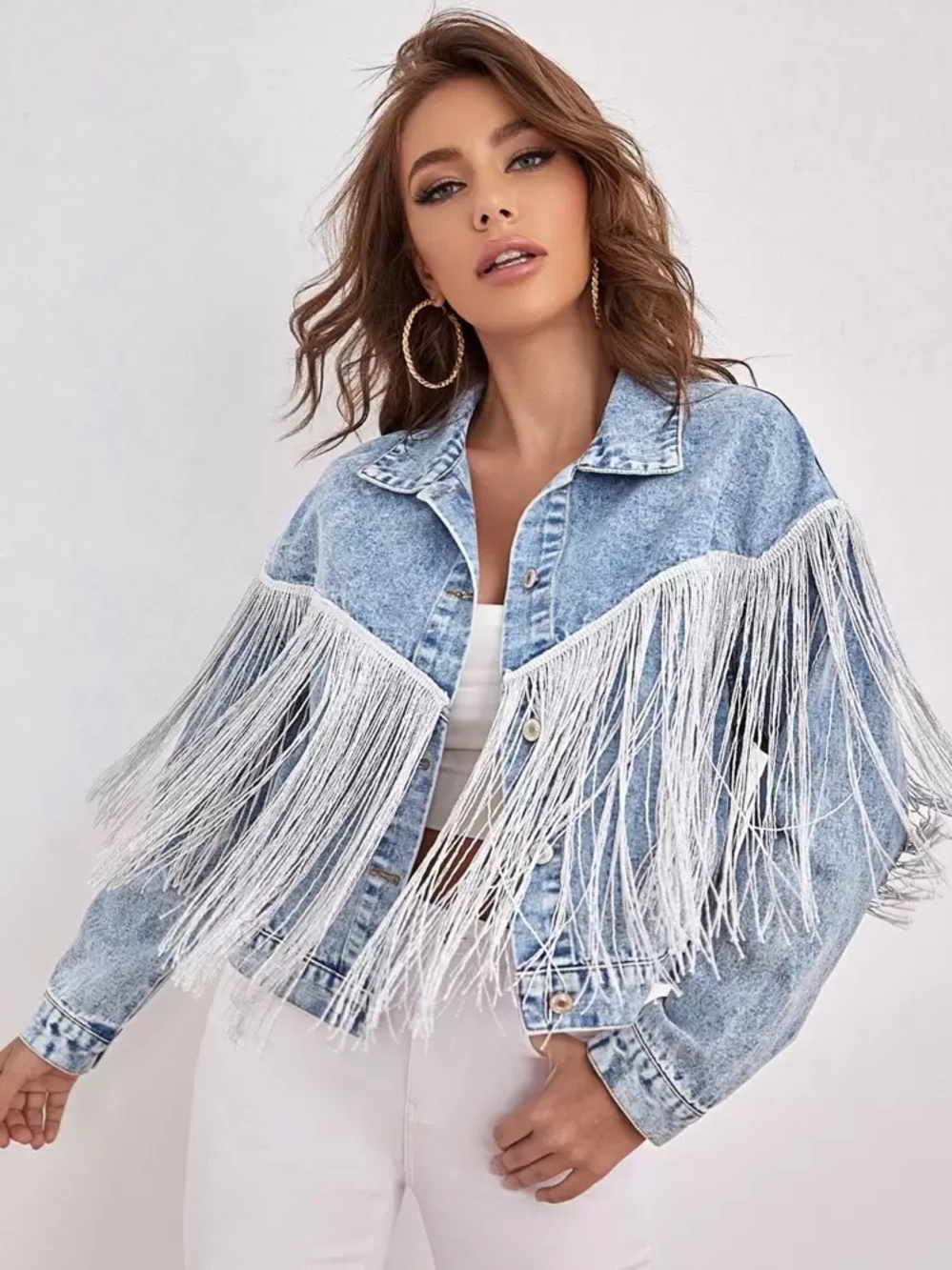 SHEIN Light Blue Denim Jacket with White Fringe